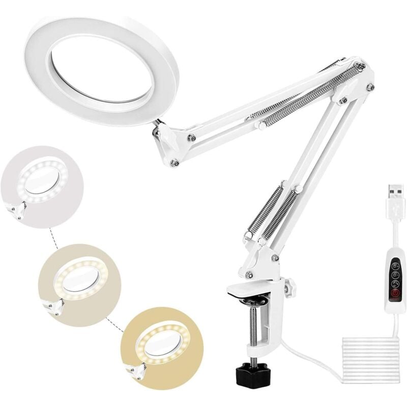 72 LED Magnifying Lamp, 5X Daylight Desktop Magnifying Glass with Metal Clamp, 3 Dimmable Color Modes for Repairing, Crafting, Sewing, Reading (White)