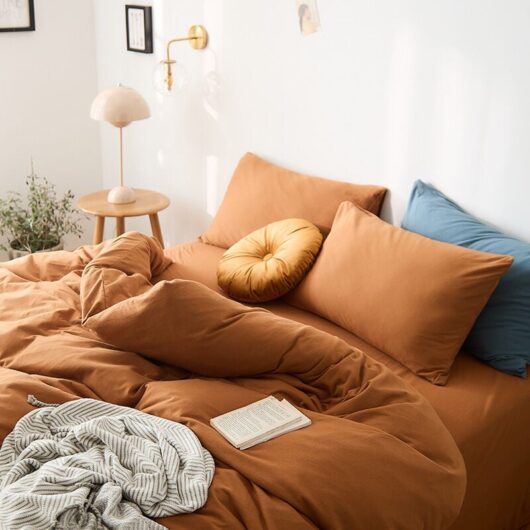 Fitted sheet, knitted cotton duvet cover, 200 x 230 cm, washed cotton, caramel brown, plain - duvet cover, natural crinkle look