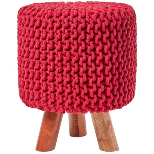 HOMESCAPES Red Tall Cotton Knitted Footstool on Legs