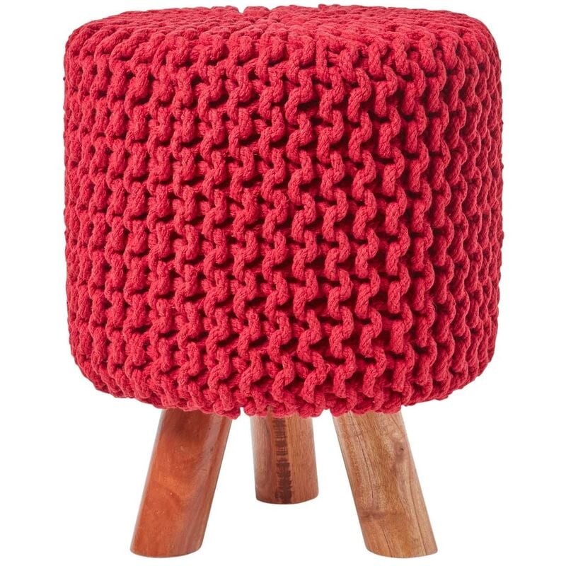 HOMESCAPES Red Tall Cotton Knitted Footstool on Legs