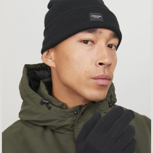 JACK & JONES Knitted Beanie Hat and Gloves Gift Set Black