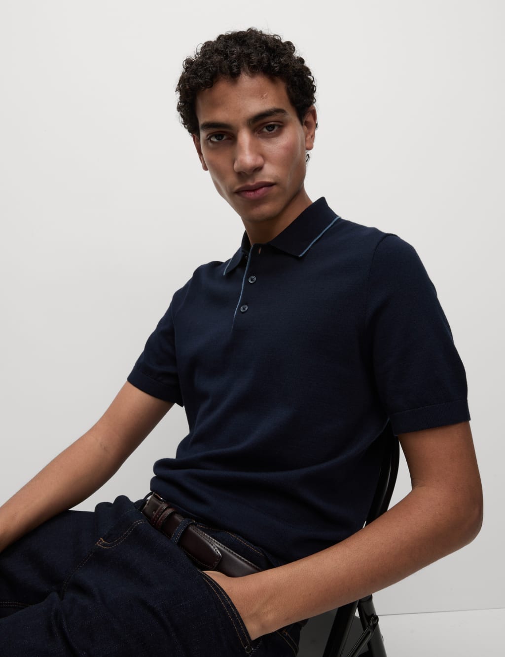 M&S Cotton Rich Knitted Polo Shirt Navy