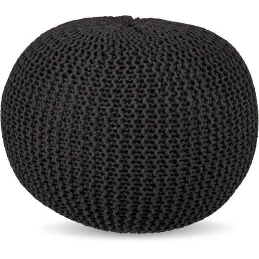 Relaxdays pouffe, knitted, HxD 33 x 46 cm, polystyrene filling, round floor cushion, boho seat, footstool, dark grey