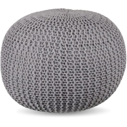 Relaxdays pouffe, knitted, HxD: 33 x 46 cm, polystyrene filling, round floor pouffe, boho stool, light grey