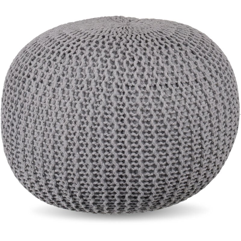 Relaxdays pouffe, knitted, HxD: 33 x 46 cm, polystyrene filling, round floor pouffe, boho stool, light grey