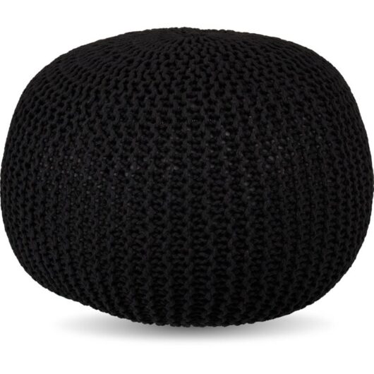 Relaxdays pouffe, knitted, HxD: 33 x 46 cm, polystyrene filling, round floor seat, boho stool, seat pouffe, black