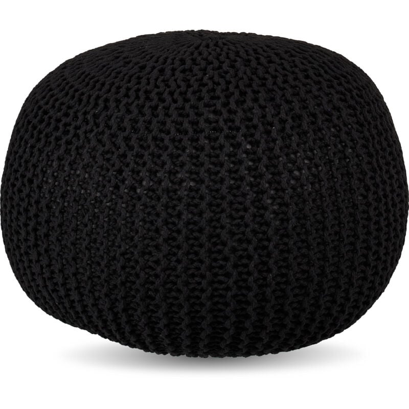 Relaxdays pouffe, knitted, HxD: 33 x 46 cm, polystyrene filling, round floor seat, boho stool, seat pouffe, black
