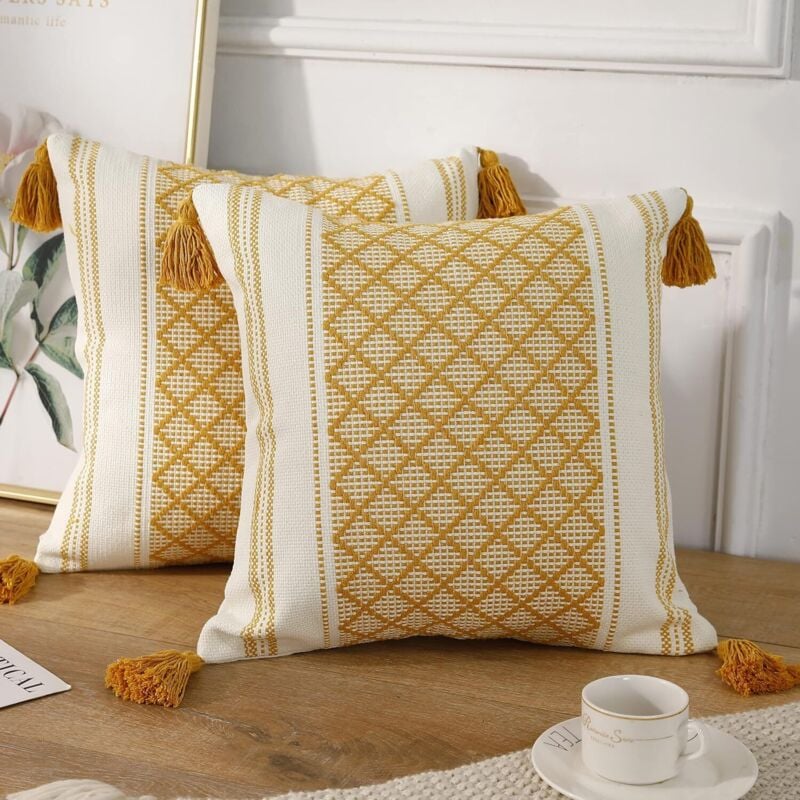 Set of 2 Bohemian Style Knitted Cotton Decorative Throw Pillow Covers with Yellow and White Tassel, Modern Accent, Classic Farmhouse Jacquard Cushion