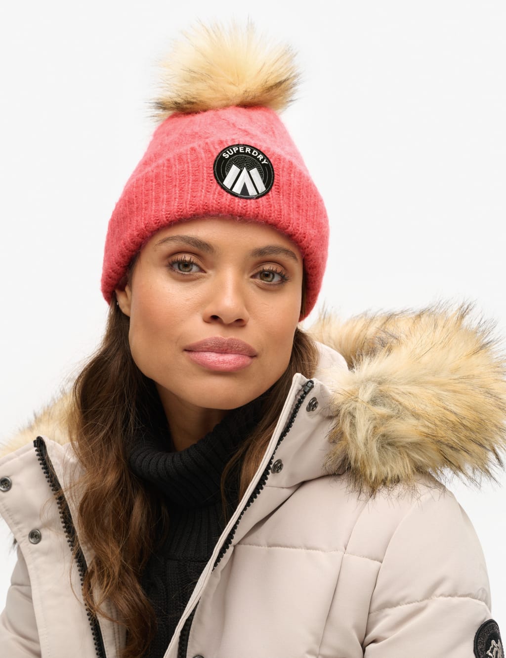 Superdry & Co Cable Knit Pom Pom Beanie Hat with Wool Pink