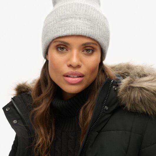 Superdry & Co Rib Knitted Beanie Hat with Wool Light Grey
