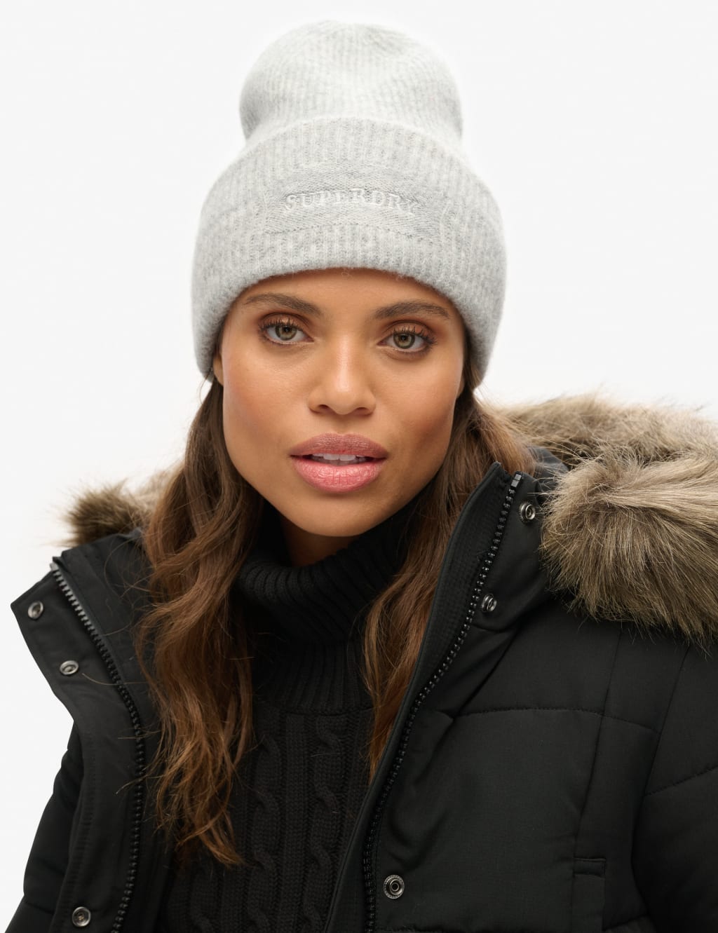 Superdry & Co Rib Knitted Beanie Hat with Wool Light Grey