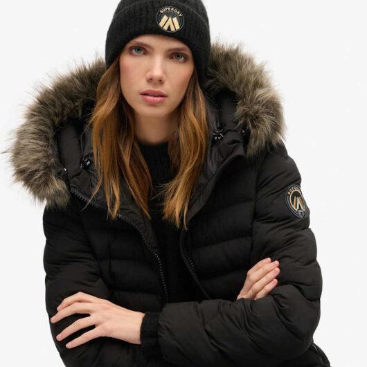 Superdry & Co Women's Cable Faux Fur Pom Beanie Hat with Wool - Black, Black