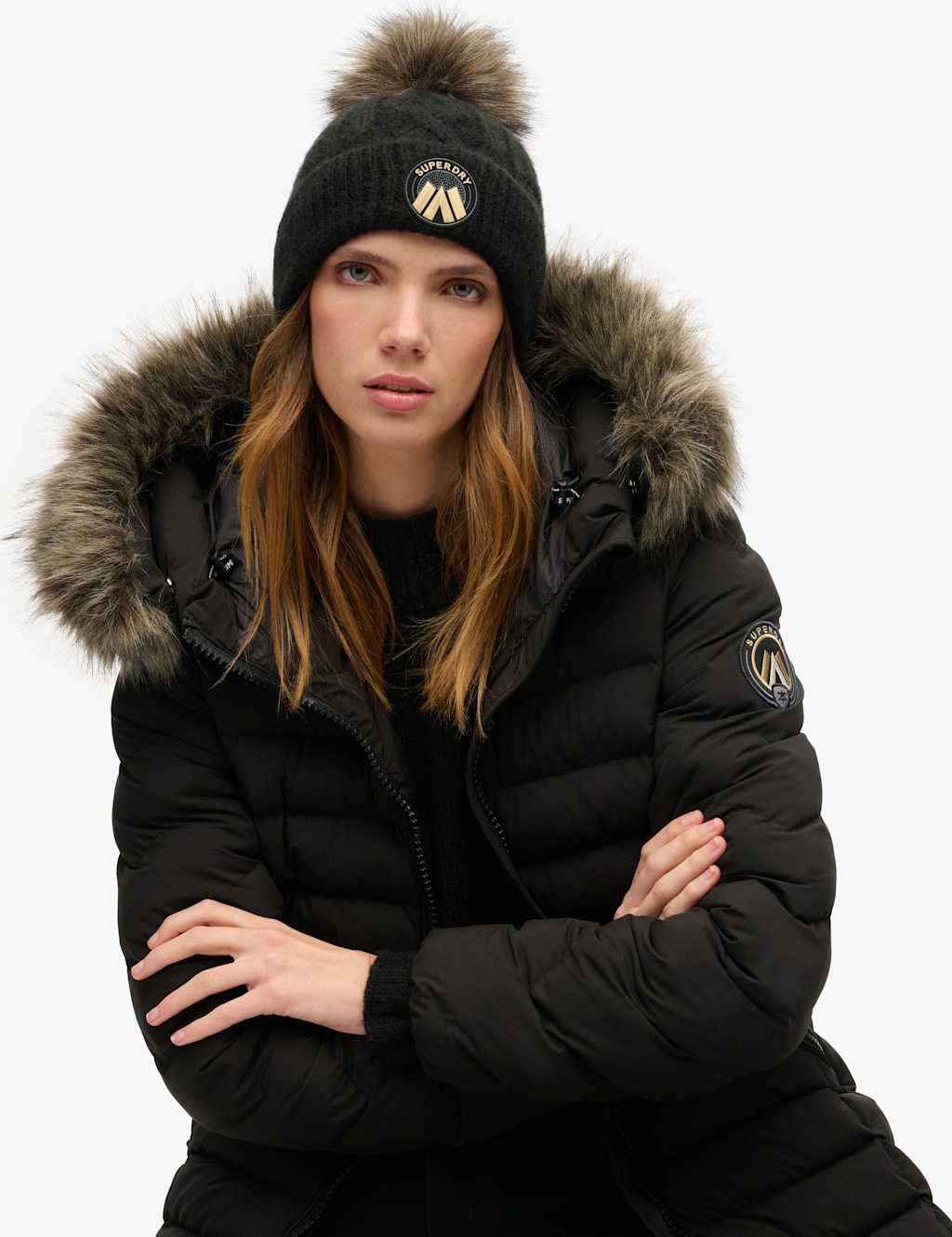 Superdry & Co Women's Cable Faux Fur Pom Beanie Hat with Wool - Black, Black