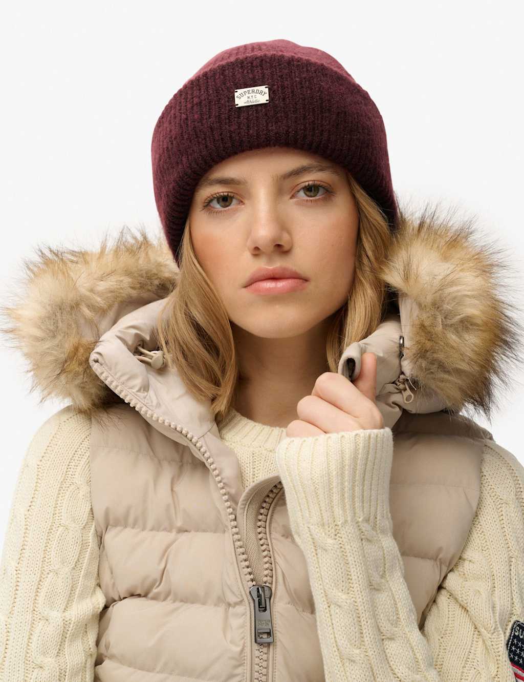 Superdry & Co Women's Knitted Rib Beanie Hat with Wool - Red, Red