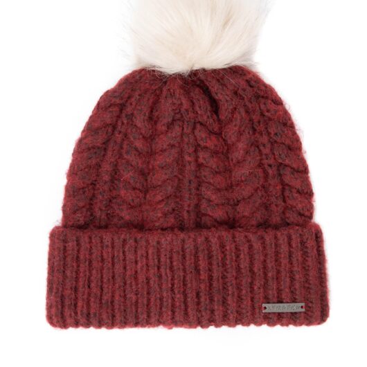 Weird Fish Allerton Cable Knit Bobble Hat Garnet Size ONE