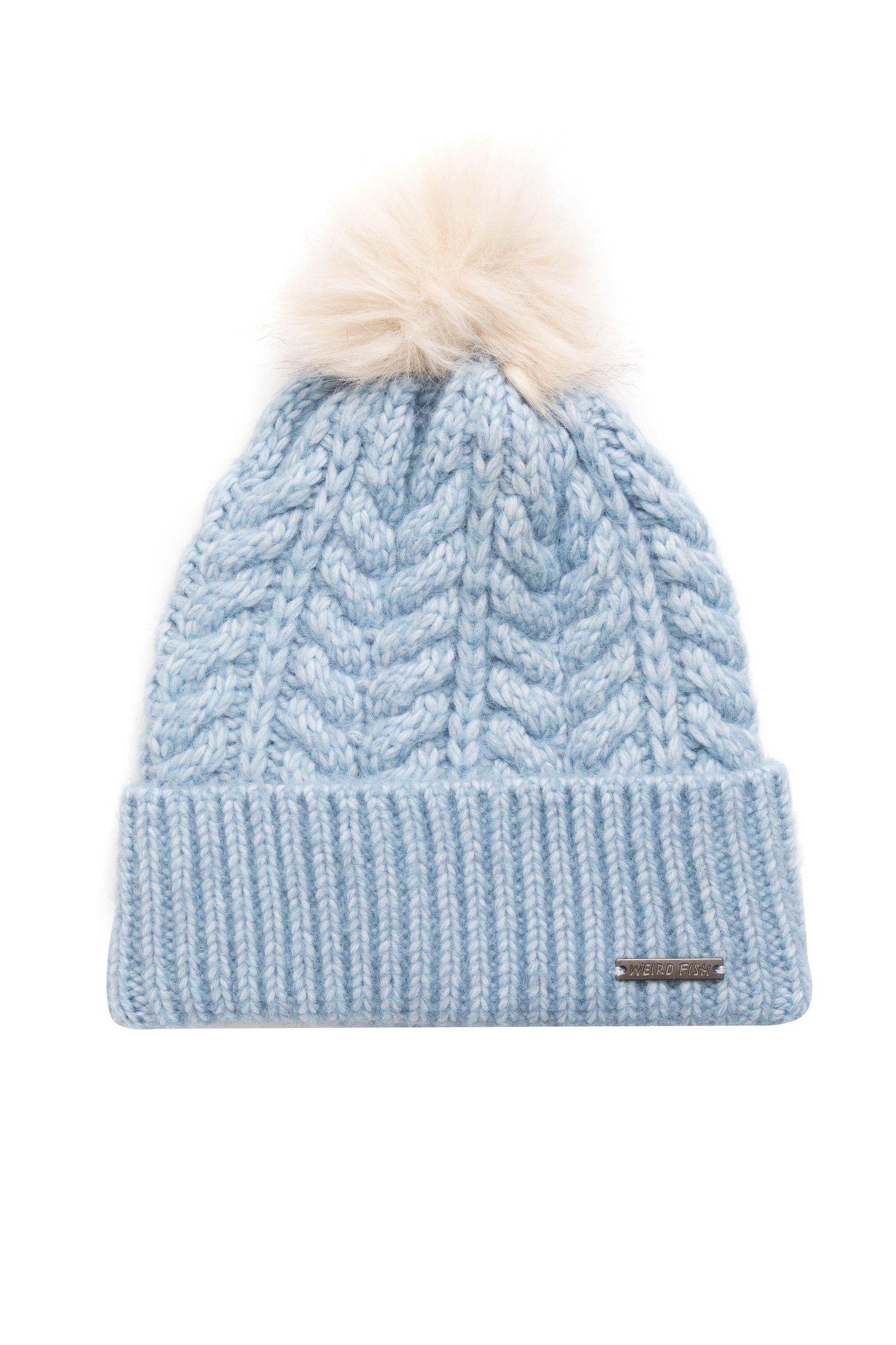 Weird Fish Allerton Cable Knit Bobble Hat Lake Blue Size ONE