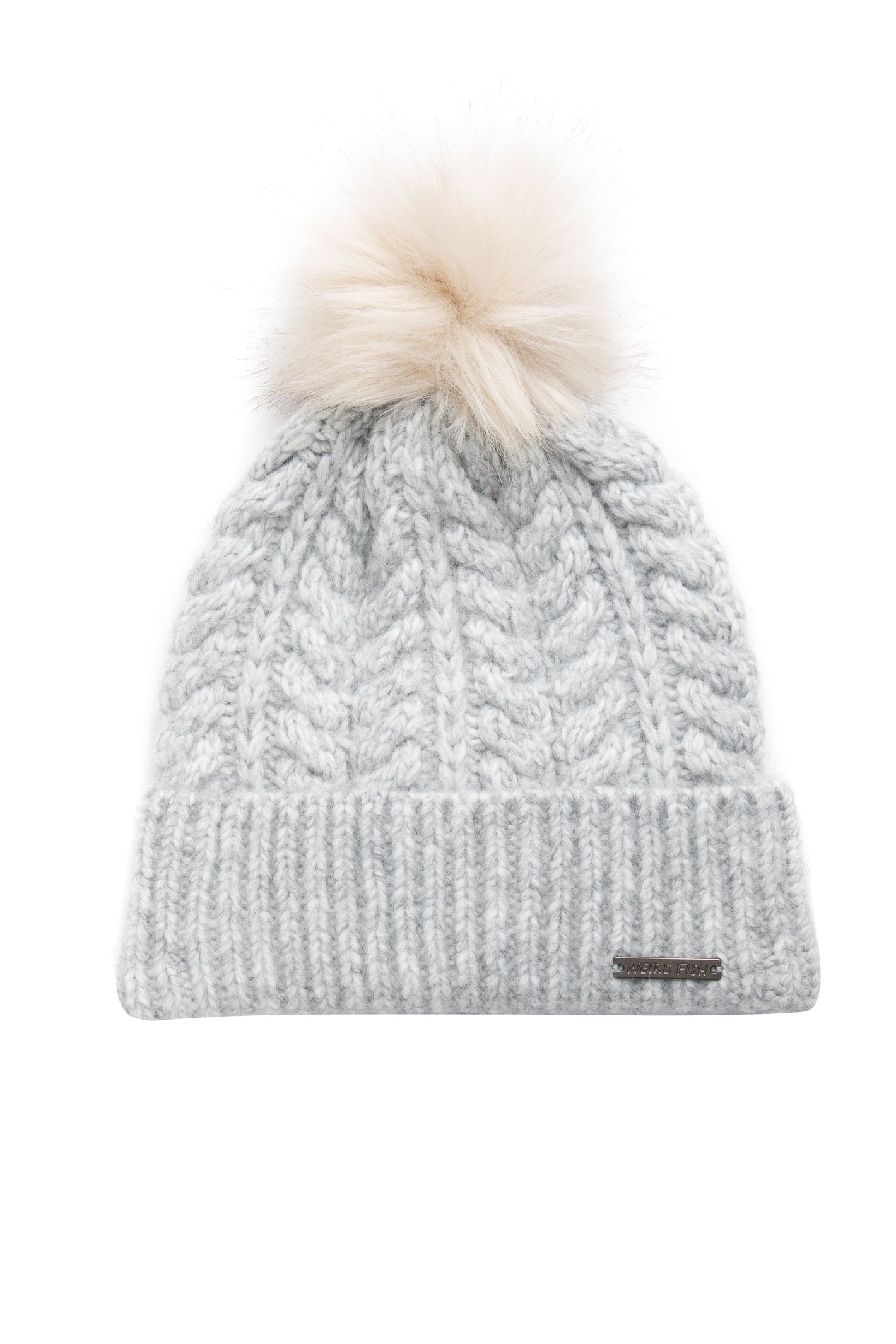 Weird Fish Allerton Cable Knit Bobble Hat Light Grey Size ONE
