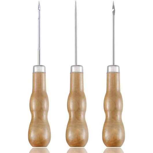 CCYKXA Leather Awl Punch, 3 Pieces Round Leather Sewing Machine Punch with Handle, Sewing Awl, Leather Awl with Wooden Handle DIY Sewing Tool Leather