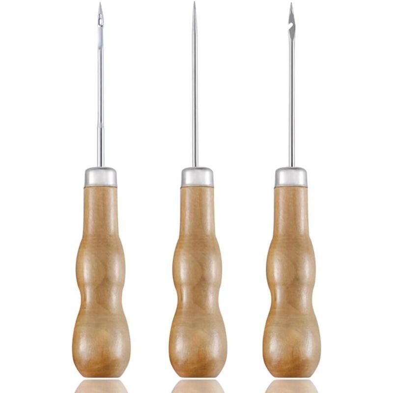 CCYKXA Leather Awl Punch, 3 Pieces Round Leather Sewing Machine Punch with Handle, Sewing Awl, Leather Awl with Wooden Handle DIY Sewing Tool Leather
