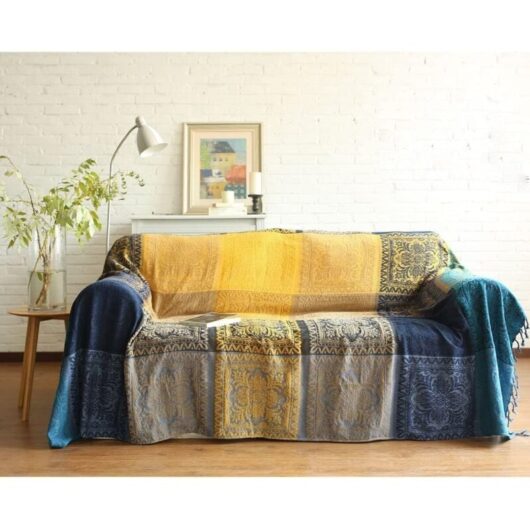 Cotton Simple Sofa Throw, Knitted Fringe Throw, Double-Sided Patchwork, Warm Decorative Throw for Home, Office, Travel (Tibet Blue, 150190CM)