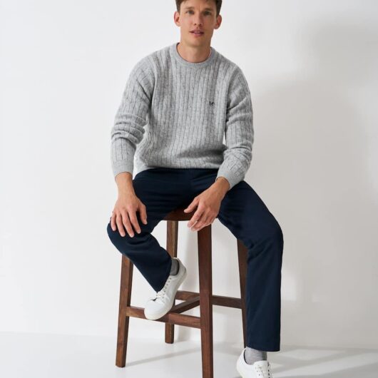 Crew Clothing Pure Lambswool Cable Crew Neck Jumper Grey Marl
