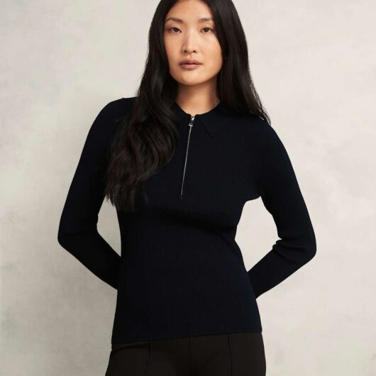 HOBBS Ribbed Collared Half Zip Knitted Shirt Black Mix
