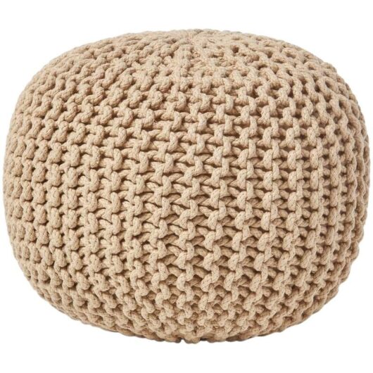 HOMESCAPES Linen Round Cotton Knitted Pouffe Footstool