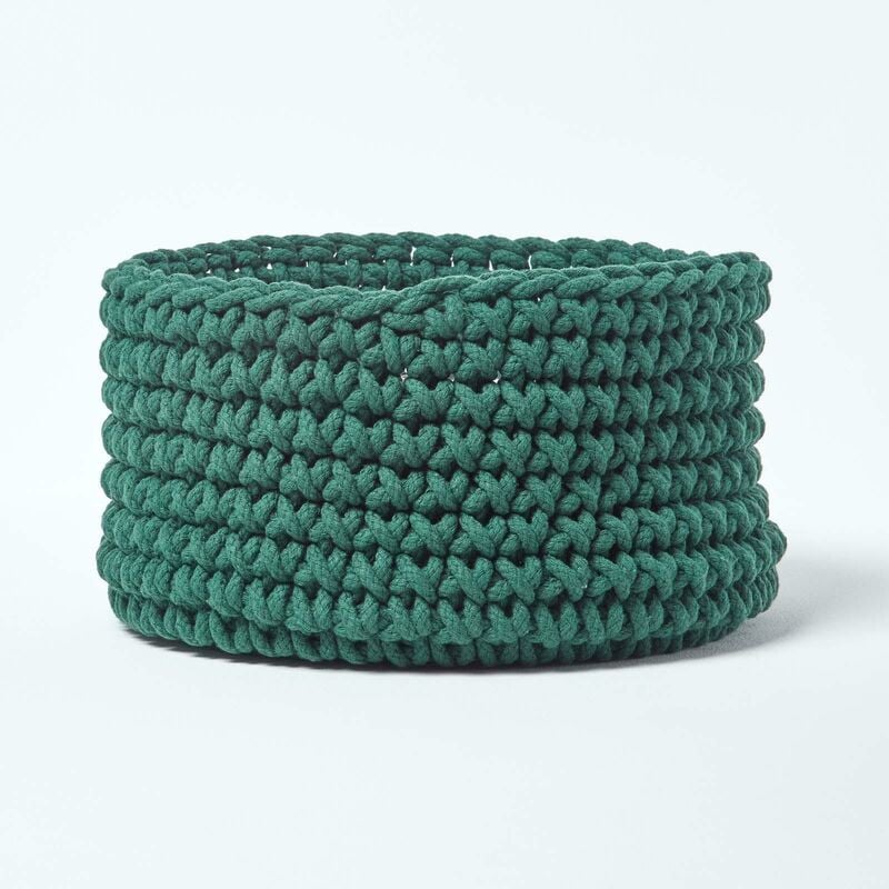 Homescapes - Forest Green Cotton Knitted Round Storage Basket, 37 x 21cm