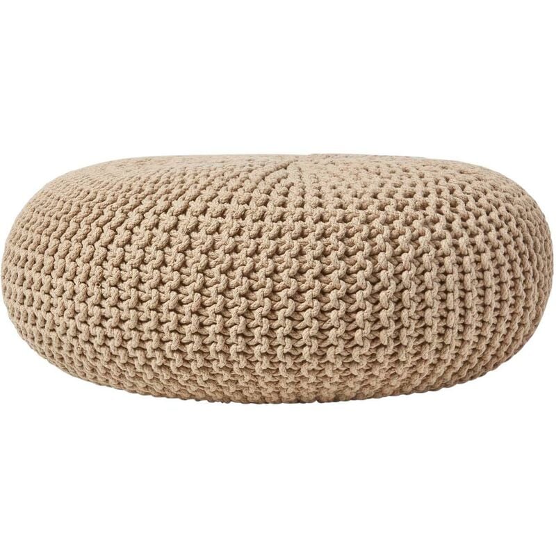 Linen Large Round Cotton Knitted Pouffe Footstool - Homescapes