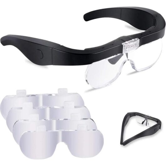 Magnifying Glasses with 2 LEDs, Magnifying Front Headset Hands-Free Magnifying Glasses with 4 Detachable Lenses for Reading, Jeweler, Sewing, and DIY