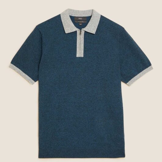 M&S Cotton Rich Zip Neck Knitted Polo Shirt Teal