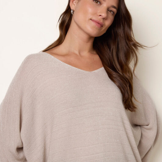 Metallic V Neck Knitted Ripple Jumper - ONE / BEIGE
