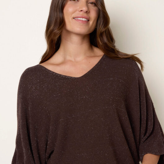 Metallic V Neck Knitted Ripple Jumper - ONE / BROWN
