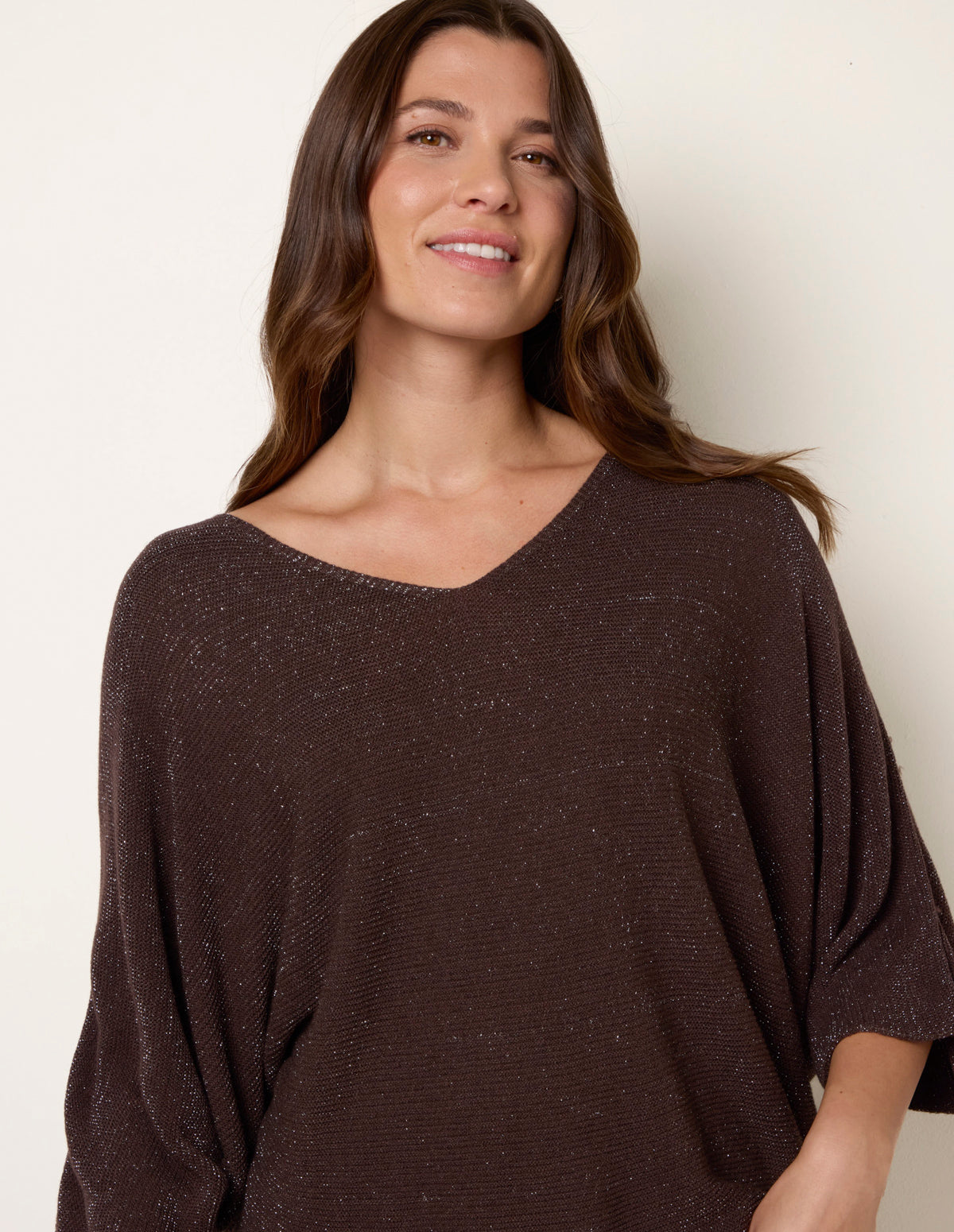 Metallic V Neck Knitted Ripple Jumper - ONE / BROWN