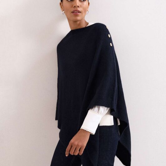 Phase Eight Smart Knitted Button Detail High Low Poncho Navy