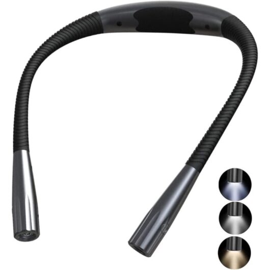 Rechargeable Neck Reading Light, LED Reading Lamp, Flexible Book Light, 3 Colors, Foldable Arms, Knitting, Reading in Bed