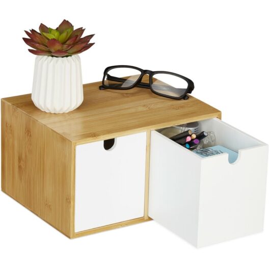 Relaxdays Desk Organiser, 2 Drawers, Office Storage Box, HxWxD: 14.5 x 24.5 x 20 cm, Bamboo & MDF, White