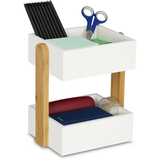 Relaxdays Desk Organiser, 2 Open Compartments, Office Storage Box, H x W x D 25 x 22.5 x 16.5 cm, Bamboo & MDF, white