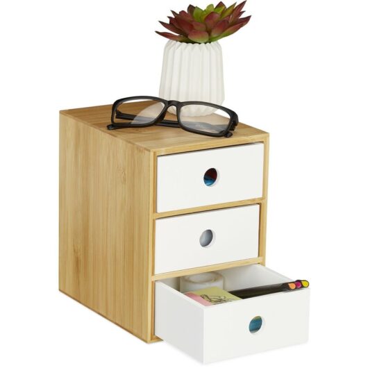 Relaxdays Desk Organiser, 3 Drawers, Office Storage Box, HxWxD: 21 x 14.5 x 20 cm, Bamboo & MDF, White