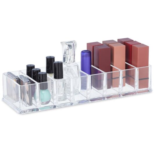 Relaxdays Plastic Organiser Box, Open, Acrylic, Makeup, Office, Storage, 8 Compartments, HxWxD: 5x25.5x9cm, Transparent