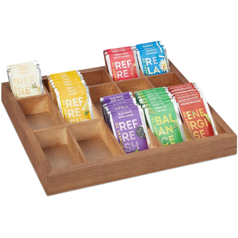 Relaxdays Wooden Organiser Box, 15 Compartments, 3.5 x 32 x 26 cm, Storage for Tea, Beads & Sewing Accessories, Natural