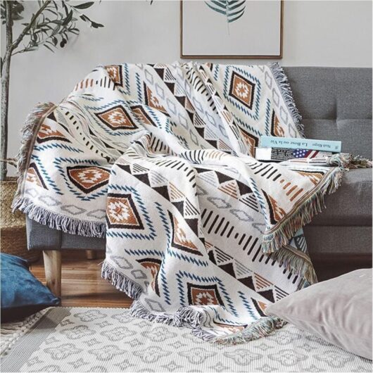 Sofa throw with tassels, knitted blanket, Aztec ethnic style throw, for home, office, travel, camping. (Geometric patterns, 130180cm)