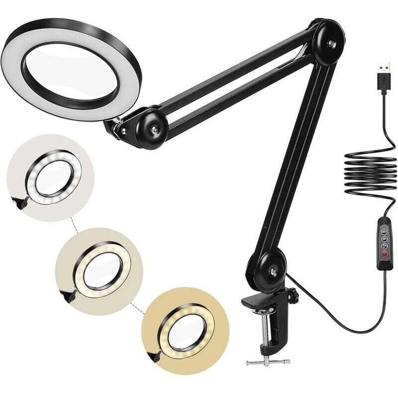 72 LED Magnifying Lamp, 5X Daylight Desk Magnifier with Metal Clamp, 3 Color Modes, Dimmable for Repair, Crafts, Sewing, Reading (Black)