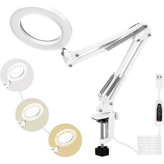 72-LED magnifying lamp, 5x daylight table magnifier with metal clamp, 3 dimmable color modes for repairs, crafts, sewing, reading (white)