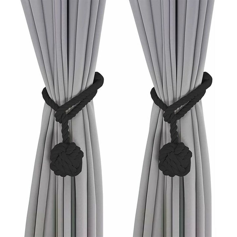Black Curtain Tiebacks, 2 Pieces, Hand-Knitted Rope Curtain Tiebacks, Curtain Tiebacks with Loops for Bedroom and Office Decor