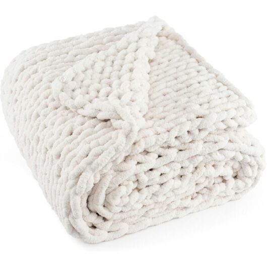 CCYKXA Thick, hand-knitted blanket with soft chenille yarn, 2 kg - Large rope knot for sofa, bed, home decor, 127 x 152.4 cm - Cream white