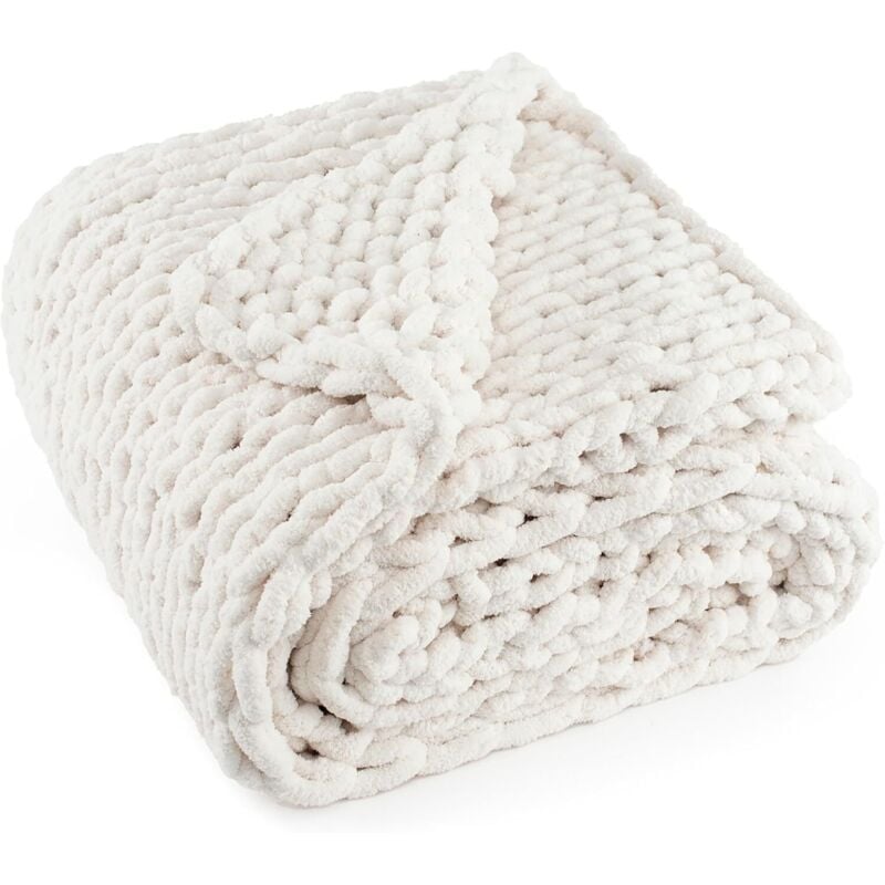 CCYKXA Thick, hand-knitted blanket with soft chenille yarn, 2 kg - Large rope knot for sofa, bed, home decor, 127 x 152.4 cm - Cream white