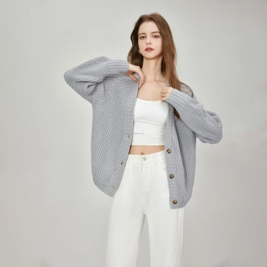 Classic Retro Women's Solid Color V-Neck Button Front Knitted Cardigan Long Sleeve Top Knitted Sweater Jacket Coat Casual Style
