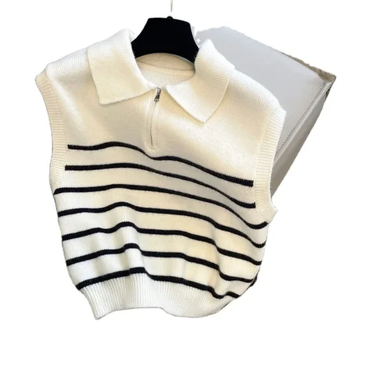 Custom Knit Sweater Manufacturer Autumn Knit Vest Women Striped Half Zipper Lapel Casual Sweater Vest for Women