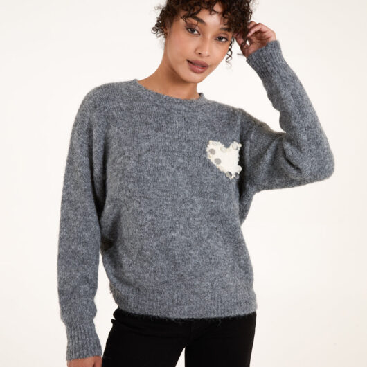 Embellished Heart Knit Jumper - S/M / Dark Grey